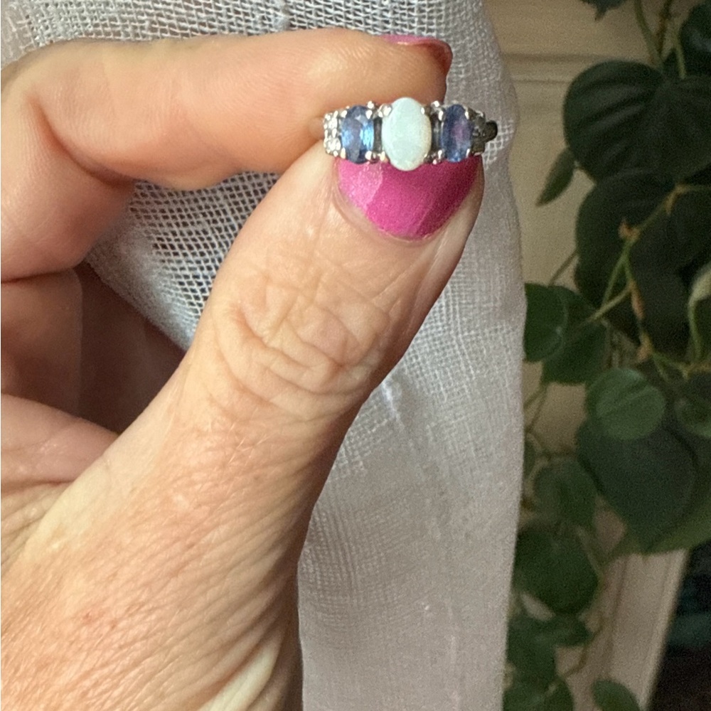 Natural Opal & Blue Topaz Ring in White Gold w Accent Diamonds.